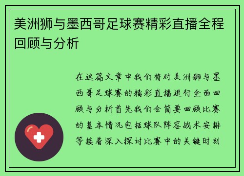 美洲狮与墨西哥足球赛精彩直播全程回顾与分析
